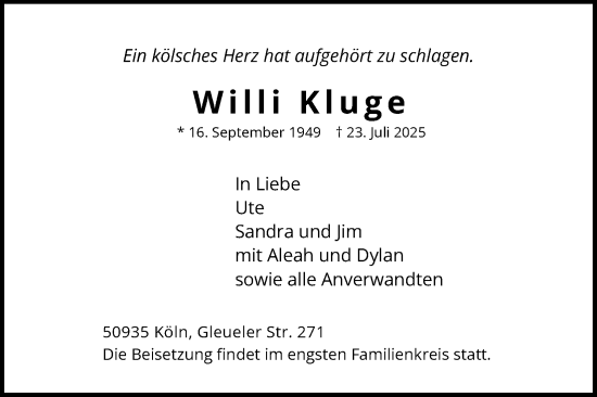 Anzeige von Willi Kluge von Kölner Stadt-Anzeiger / Kölnische Rundschau / Express