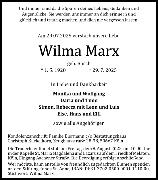 Anzeige von Wilma Marx von Kölner Stadt-Anzeiger / Kölnische Rundschau / Express