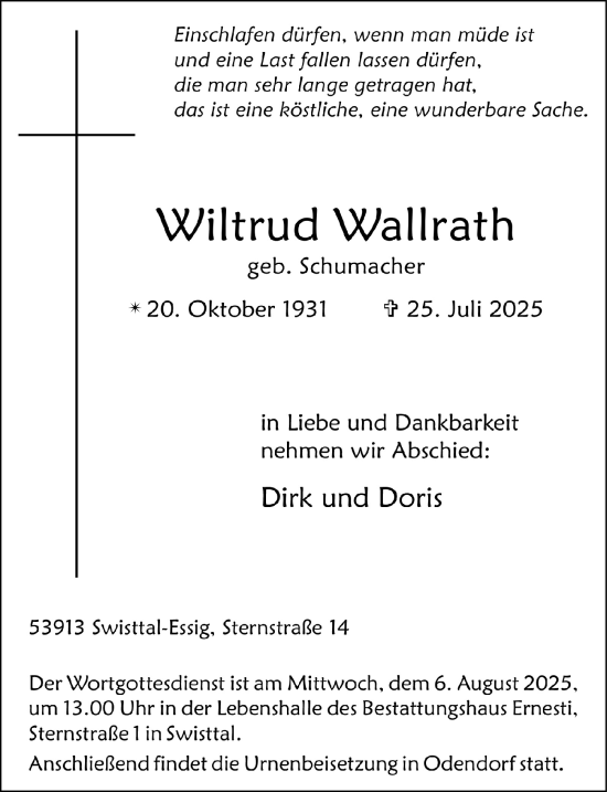 Anzeige von Wiltrud Wallrath von  Schaufenster/Blickpunkt 