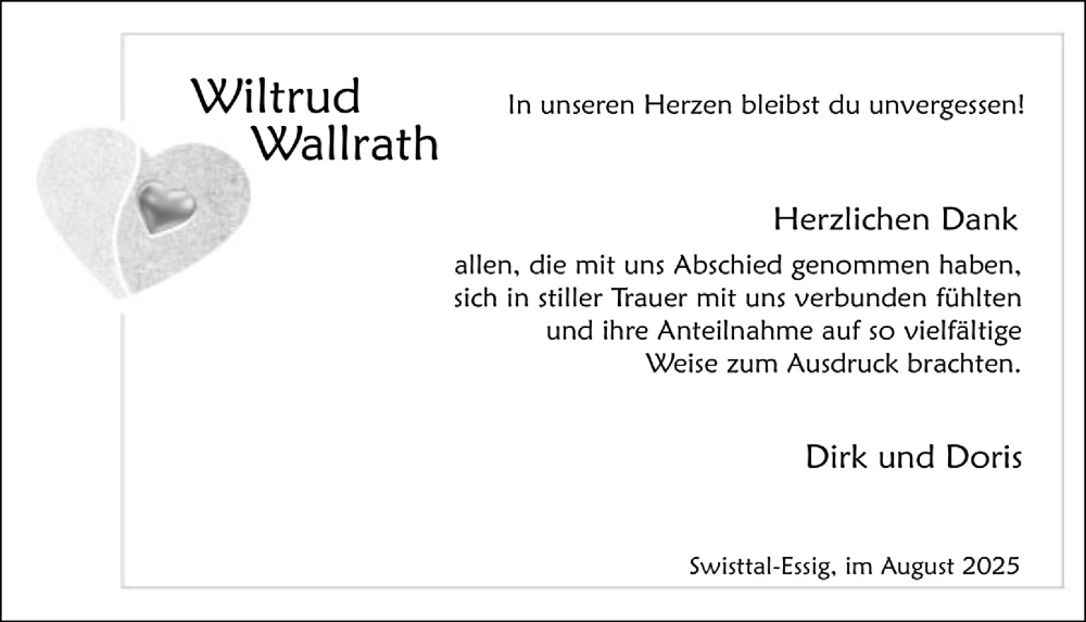  Traueranzeige für Wiltrud Wallrath vom 15.08.2025 aus  Schaufenster/Blickpunkt 