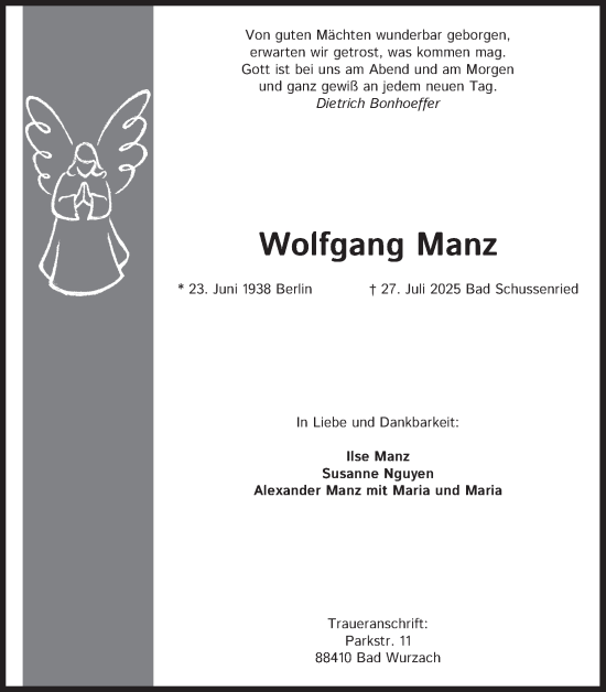 Anzeige von Wolfgang Manz von Kölner Stadt-Anzeiger / Kölnische Rundschau / Express