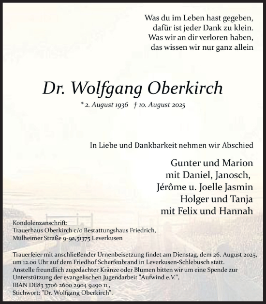 Anzeige von Wolfgang Oberkirch von Kölner Stadt-Anzeiger / Kölnische Rundschau / Express