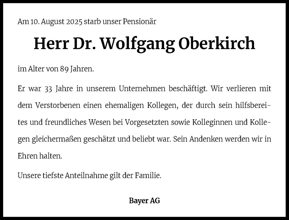  Traueranzeige für Wolfgang Oberkirch vom 23.08.2025 aus Kölner Stadt-Anzeiger / Kölnische Rundschau / Express