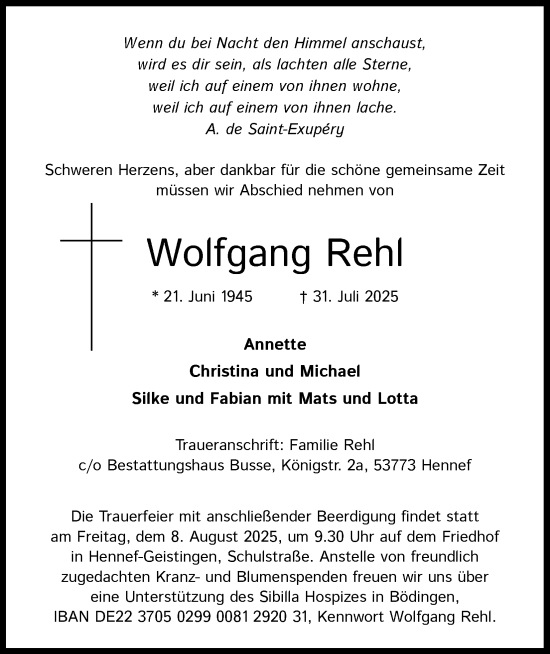 Anzeige von Wolfgang Rehl von Kölner Stadt-Anzeiger / Kölnische Rundschau / Express