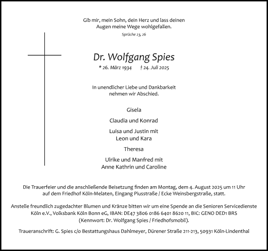 Anzeige von Wolfgang Spies von Kölner Stadt-Anzeiger / Kölnische Rundschau / Express