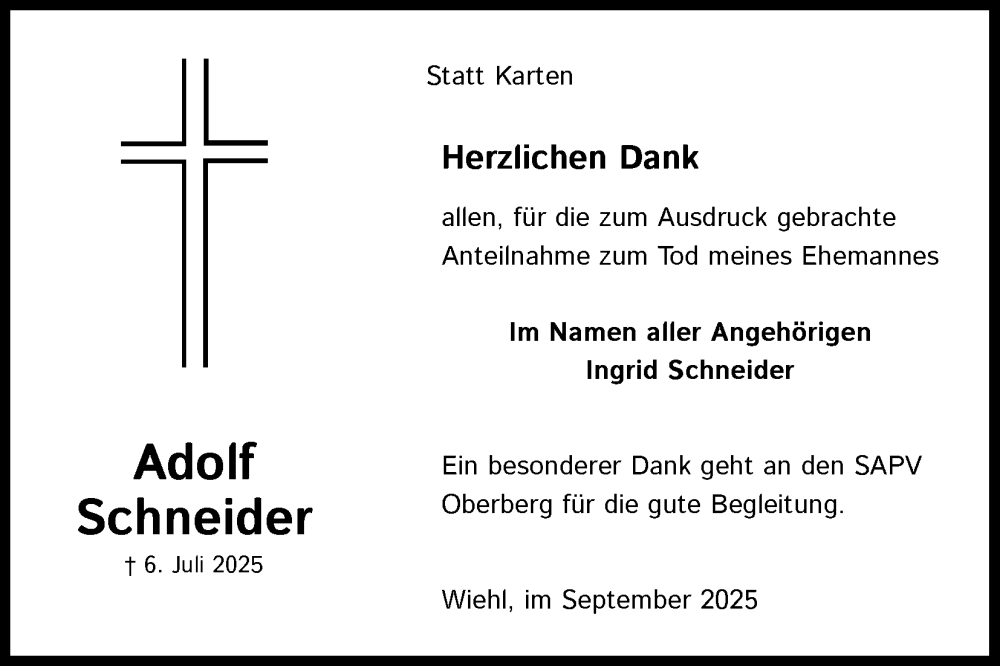  Traueranzeige für Adolf Schneider vom 06.09.2025 aus Kölner Stadt-Anzeiger / Kölnische Rundschau / Express