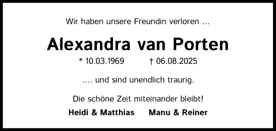 Anzeige von Alexandra van Porten von Kölner Stadt-Anzeiger / Kölnische Rundschau / Express