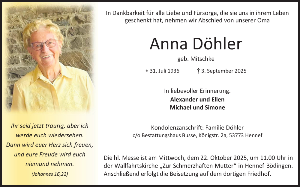  Traueranzeige für Anna Döhler vom 13.09.2025 aus Kölner Stadt-Anzeiger / Kölnische Rundschau / Express