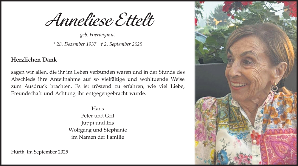  Traueranzeige für Anneliese Ettelt vom 20.09.2025 aus Kölner Stadt-Anzeiger / Kölnische Rundschau / Express