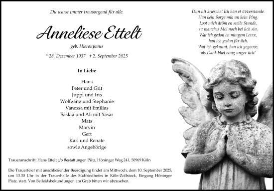 Anzeige von Anneliese Ettelt von Kölner Stadt-Anzeiger / Kölnische Rundschau / Express