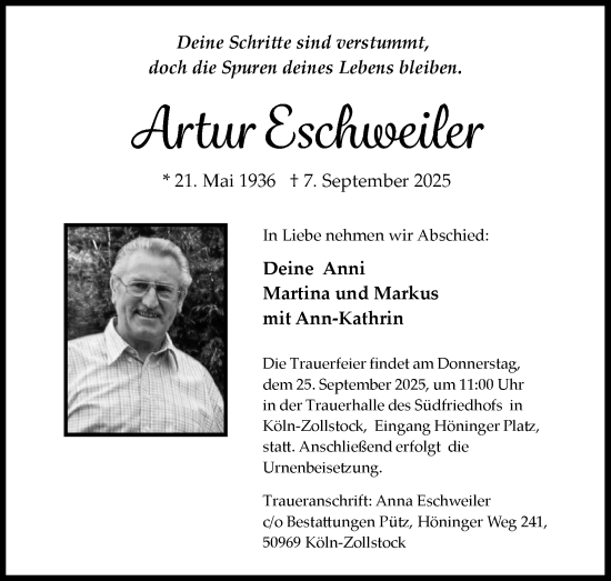 Anzeige von Artur Eschweiler von Kölner Stadt-Anzeiger / Kölnische Rundschau / Express