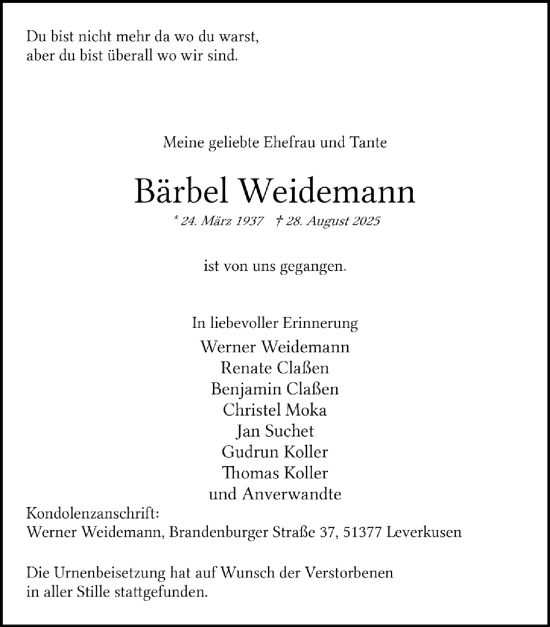Anzeige von Bärbel Weidemann von  Lokale Informationen 