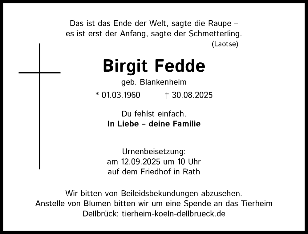  Traueranzeige für Birgit Fedde vom 06.09.2025 aus Kölner Stadt-Anzeiger / Kölnische Rundschau / Express