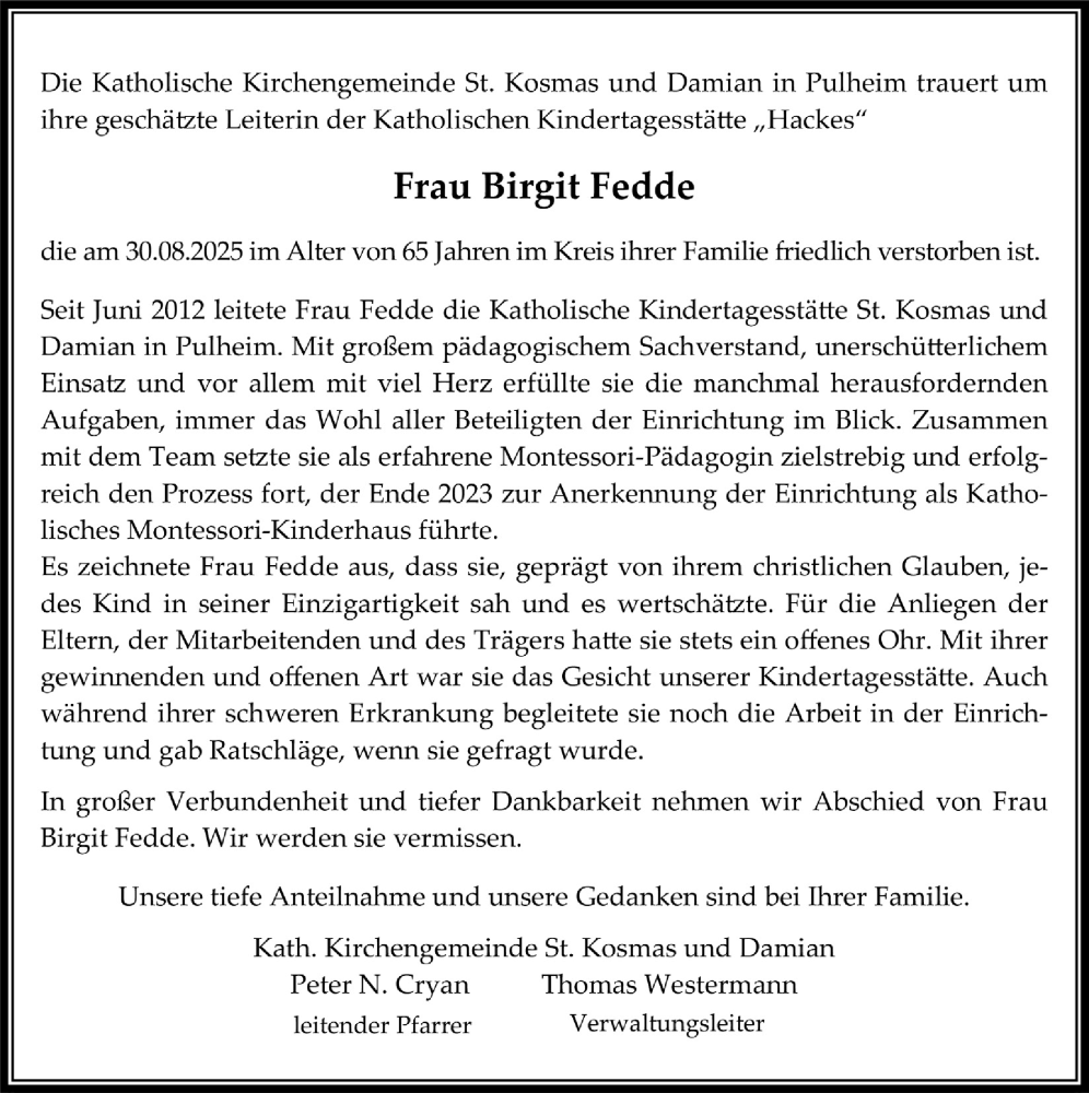  Traueranzeige für Birgit Fedde vom 26.09.2025 aus  Wochenende 