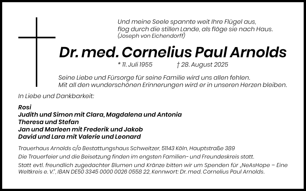  Traueranzeige für Cornelius Paul Arnolds vom 06.09.2025 aus Kölner Stadt-Anzeiger / Kölnische Rundschau / Express