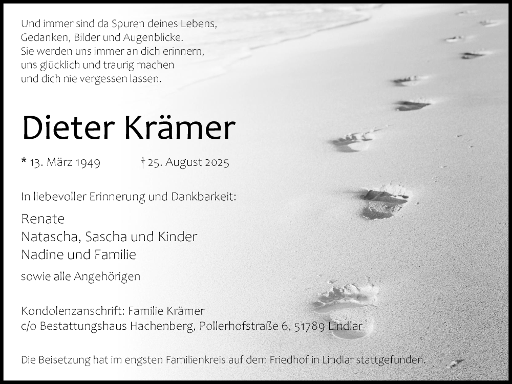 Traueranzeige für Dieter Krämer vom 13.09.2025 aus Kölner Stadt-Anzeiger / Kölnische Rundschau / Express