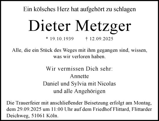 Anzeige von Dieter Metzger von Kölner Stadt-Anzeiger / Kölnische Rundschau / Express
