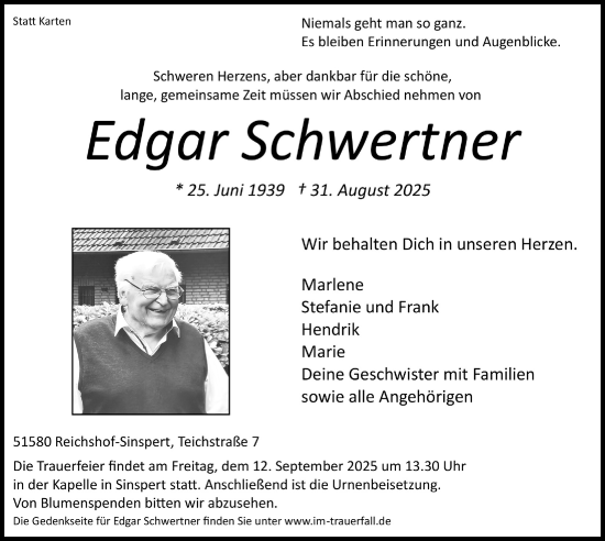 Anzeige von Edgar Schwertner von  Anzeigen Echo  Lokalanzeiger 