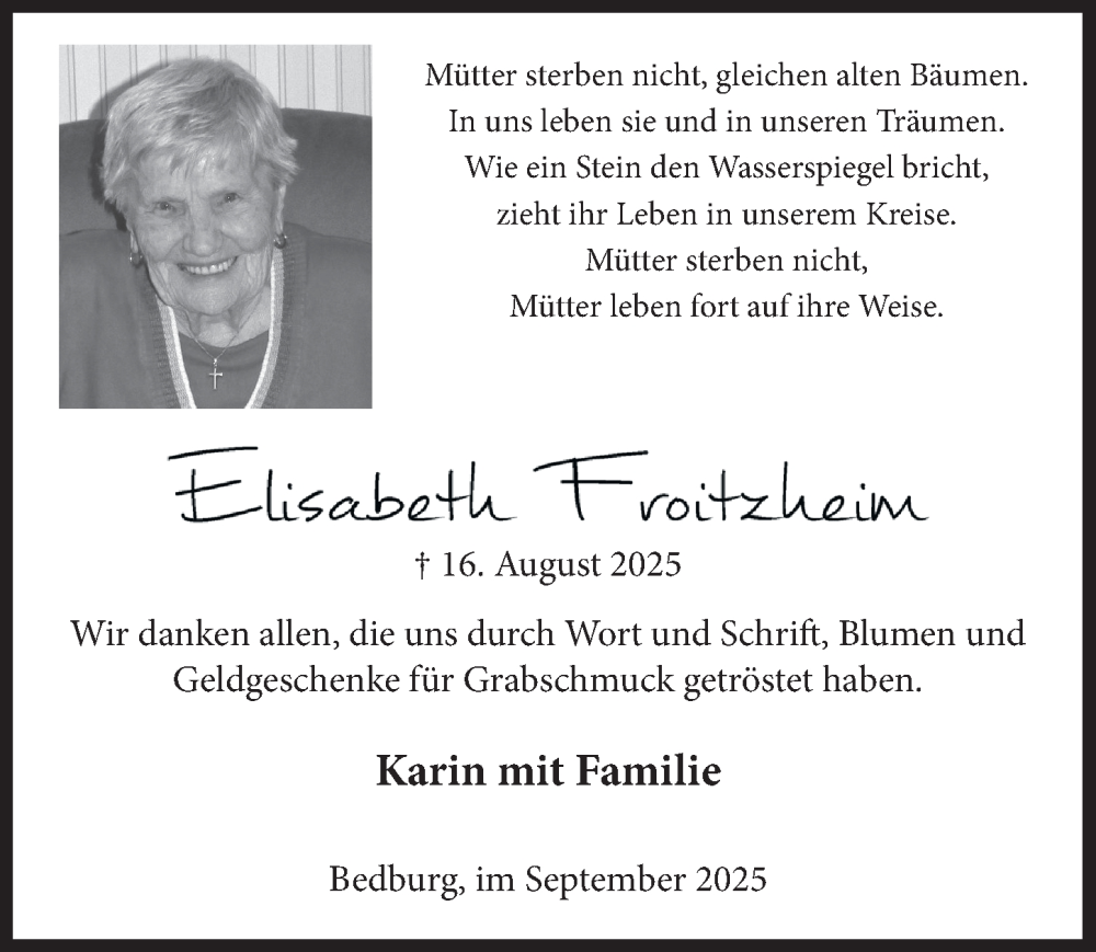  Traueranzeige für Elisabeth Froitzheim vom 26.09.2025 aus  Werbepost 