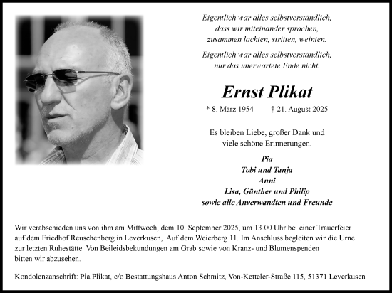 Anzeige von Ernst Plikat von Kölner Stadt-Anzeiger / Kölnische Rundschau / Express