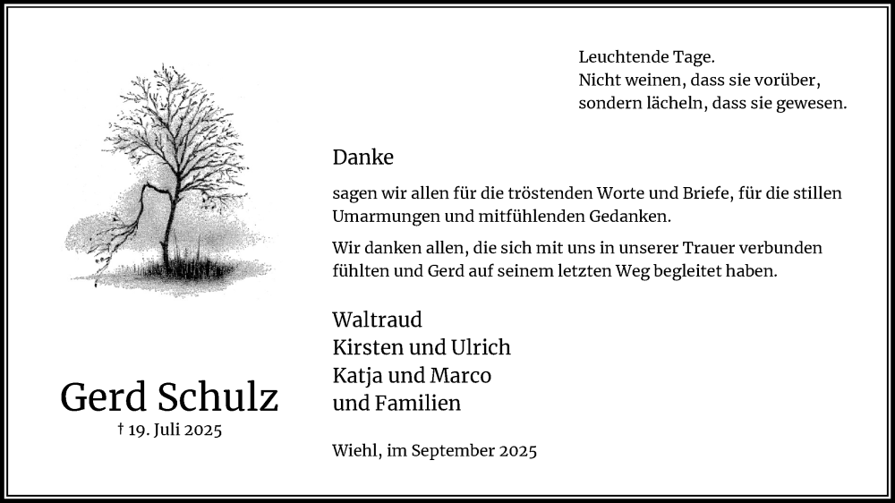  Traueranzeige für Gerd Schulz vom 13.09.2025 aus Kölner Stadt-Anzeiger / Kölnische Rundschau / Express