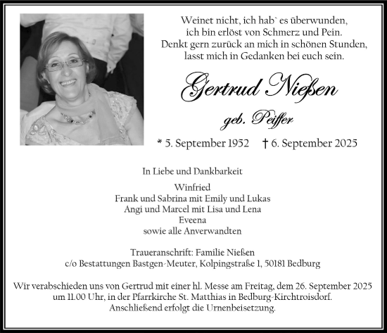 Anzeige von Gertrud Nießen von  Werbepost 