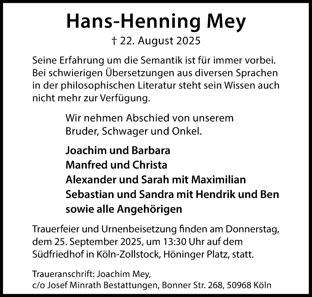  Traueranzeige für Hans-Henning Mey vom 13.09.2025 aus Kölner Stadt-Anzeiger / Kölnische Rundschau / Express