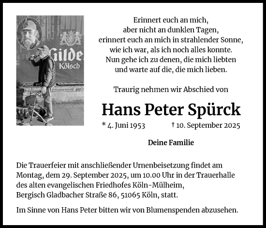 Anzeige von Hans Peter Spürck von Kölner Stadt-Anzeiger / Kölnische Rundschau / Express