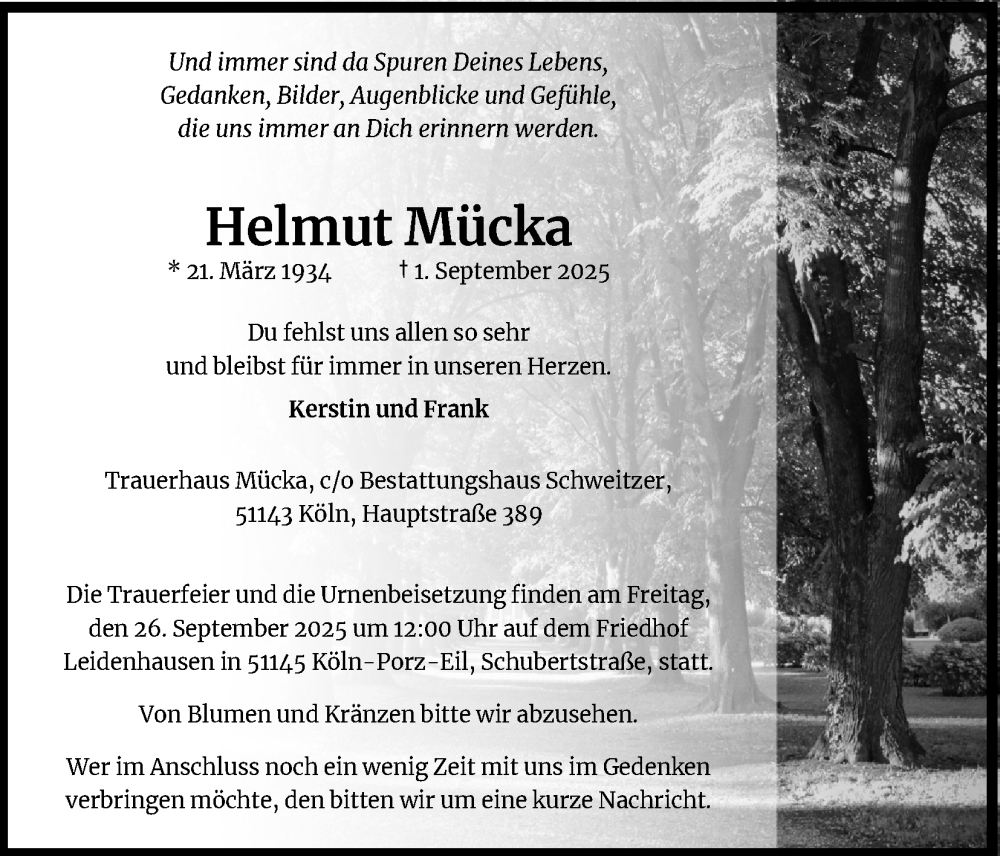  Traueranzeige für Helmut Mücka vom 20.09.2025 aus Kölner Stadt-Anzeiger / Kölnische Rundschau / Express