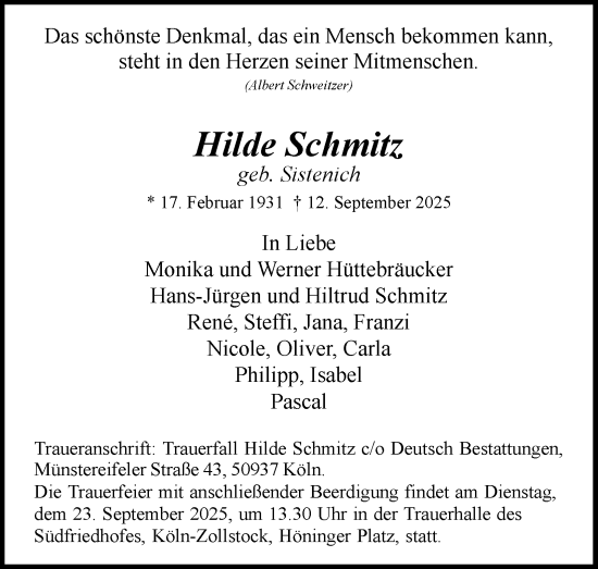 Anzeige von Hilde Schmitz von Kölner Stadt-Anzeiger / Kölnische Rundschau / Express