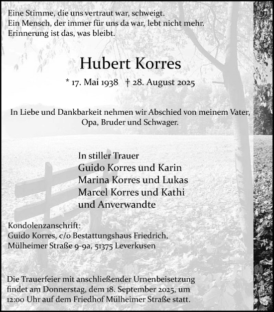 Anzeige von Hubert Korres von Kölner Stadt-Anzeiger / Kölnische Rundschau / Express