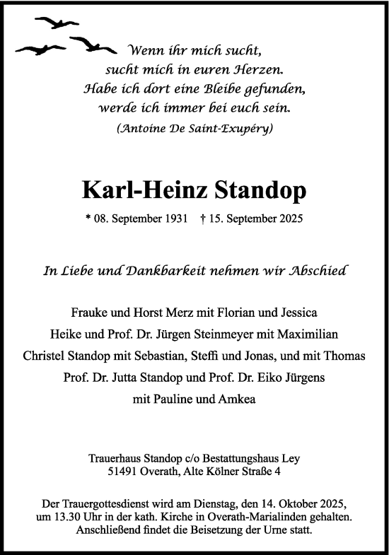 Anzeige von Karl-Heinz Standop von Kölner Stadt-Anzeiger / Kölnische Rundschau / Express