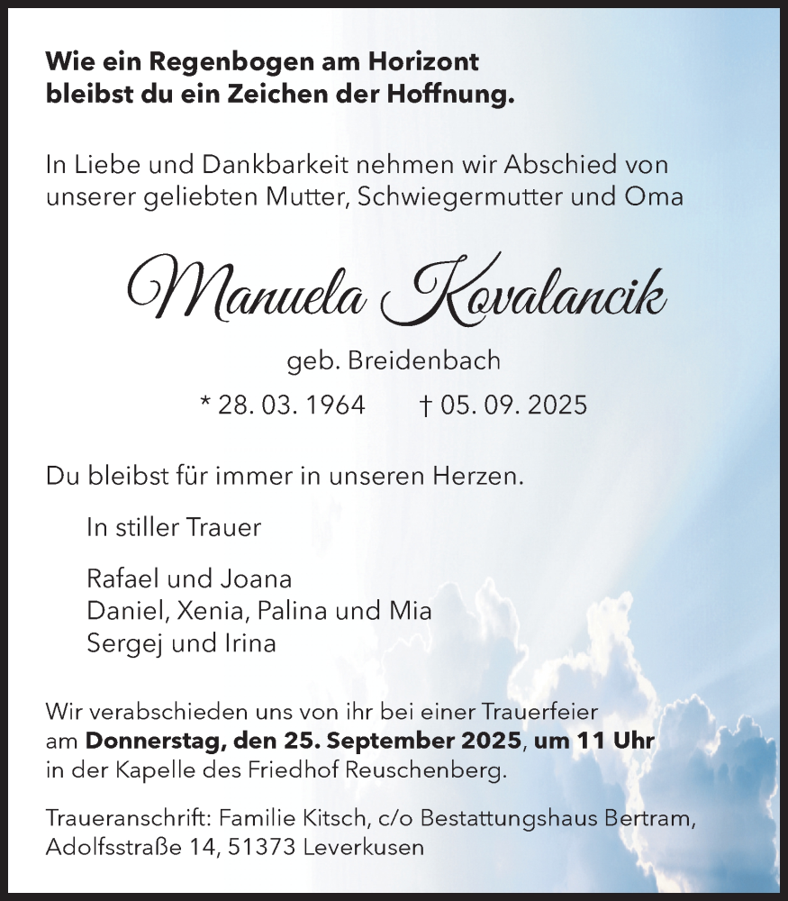  Traueranzeige für Manuela Kovalancik vom 20.09.2025 aus Kölner Stadt-Anzeiger / Kölnische Rundschau / Express