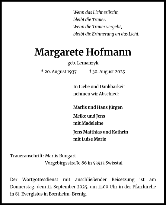 Anzeige von Margarete Hofmann von Kölner Stadt-Anzeiger / Kölnische Rundschau / Express