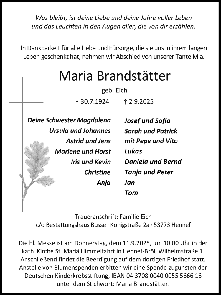  Traueranzeige für Maria Brandstätter vom 06.09.2025 aus Kölner Stadt-Anzeiger / Kölnische Rundschau / Express