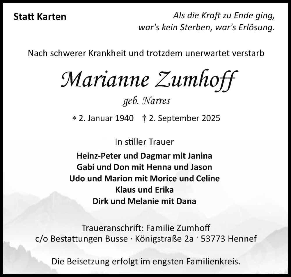  Traueranzeige für Marianne Zumhoff vom 13.09.2025 aus Kölner Stadt-Anzeiger / Kölnische Rundschau / Express