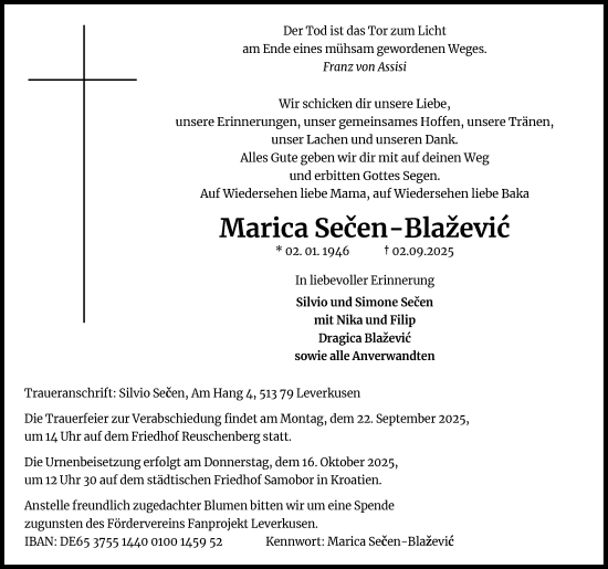 Anzeige von Marica Sečen-Blaževic von Kölner Stadt-Anzeiger / Kölnische Rundschau / Express