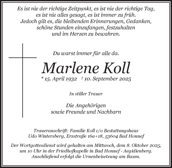 Anzeige von Marlene Koll von  Extra Blatt 