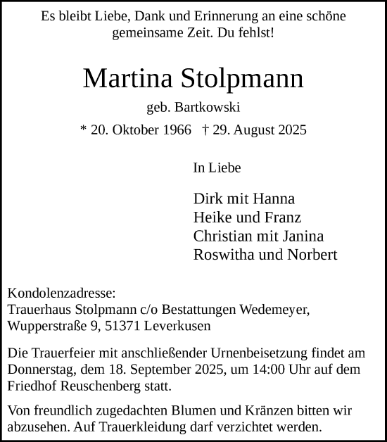 Anzeige von Martina Stolpmann von Kölner Stadt-Anzeiger / Kölnische Rundschau / Express