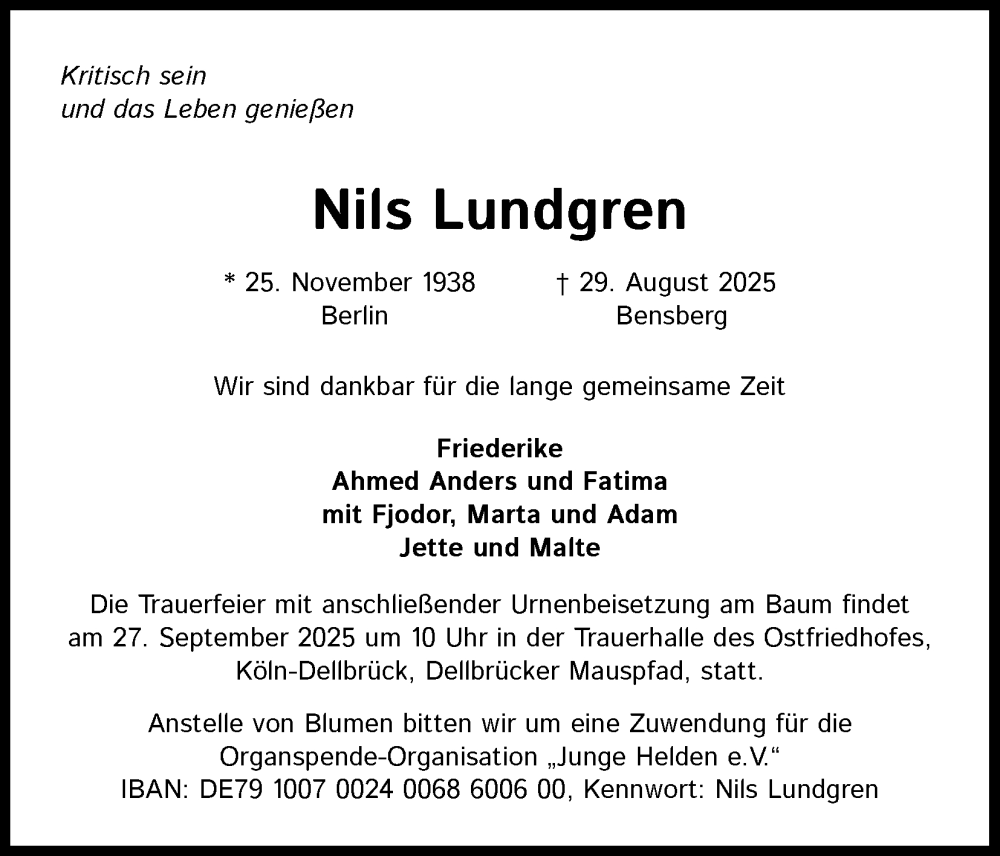  Traueranzeige für Nils Lundgren vom 13.09.2025 aus Kölner Stadt-Anzeiger / Kölnische Rundschau / Express