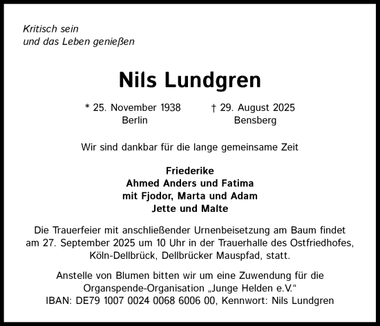 Anzeige von Nils Lundgren von Kölner Stadt-Anzeiger / Kölnische Rundschau / Express