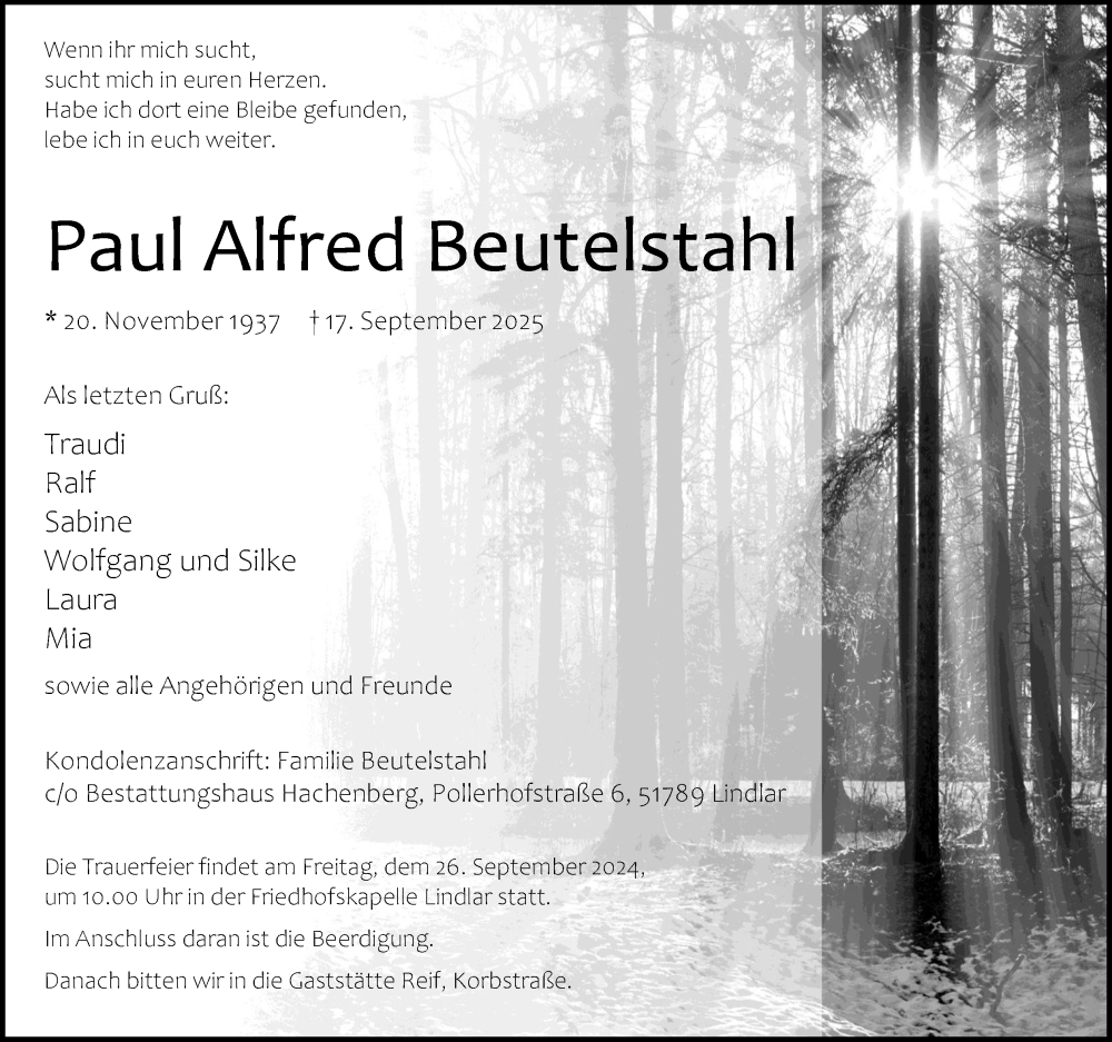  Traueranzeige für Paul Alfred Beutelstahl vom 20.09.2025 aus Kölner Stadt-Anzeiger / Kölnische Rundschau / Express