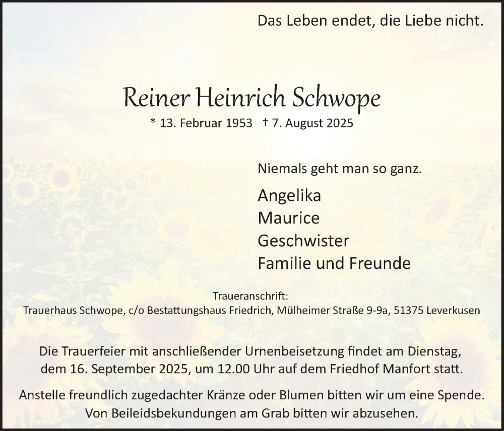  Traueranzeige für Reiner Heinrich Schwope vom 06.09.2025 aus Kölner Stadt-Anzeiger / Kölnische Rundschau / Express