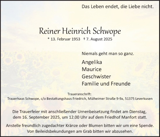 Anzeige von Reiner Heinrich Schwope von Kölner Stadt-Anzeiger / Kölnische Rundschau / Express