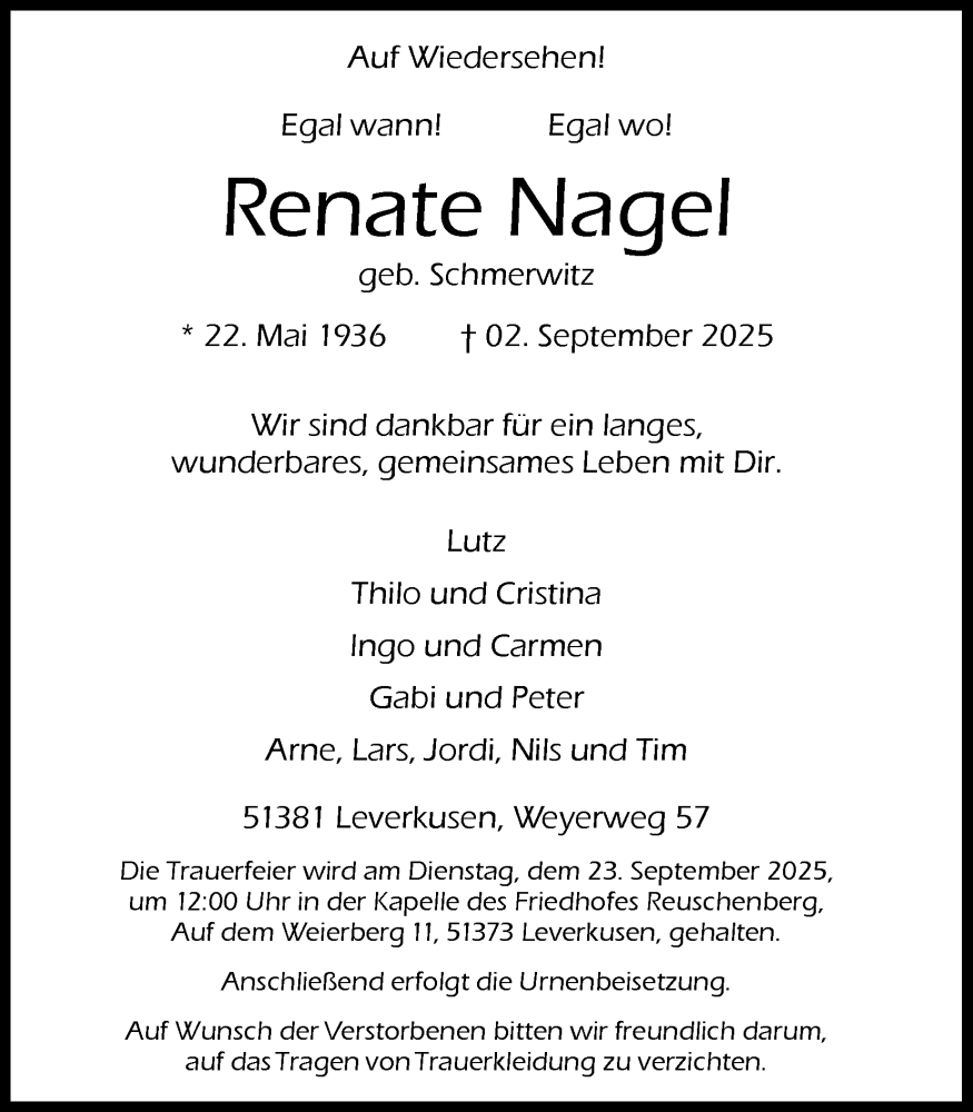  Traueranzeige für Renate Nagel vom 13.09.2025 aus Kölner Stadt-Anzeiger / Kölnische Rundschau / Express