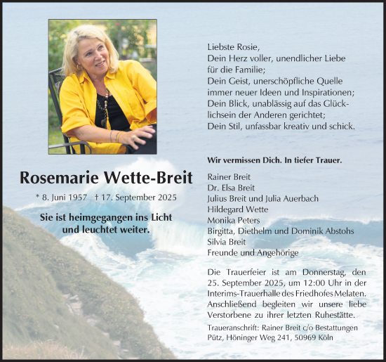 Anzeige von Rosemarie Wette-Breit von Kölner Stadt-Anzeiger / Kölnische Rundschau / Express