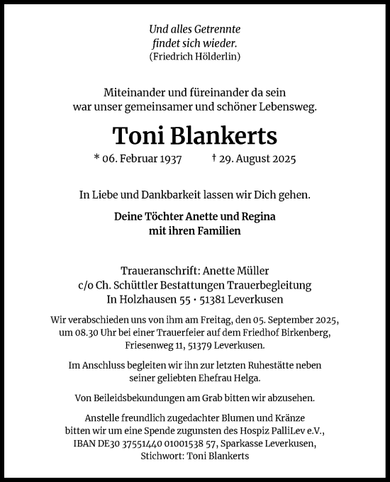 Anzeige von Toni Blankerts von Kölner Stadt-Anzeiger / Kölnische Rundschau / Express