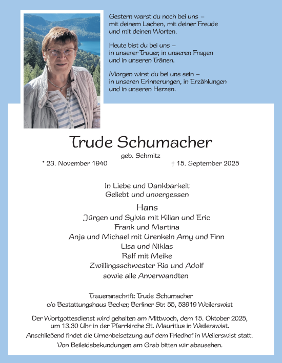 Anzeige von Trude Schumacher von  Blickpunkt Euskirchen 