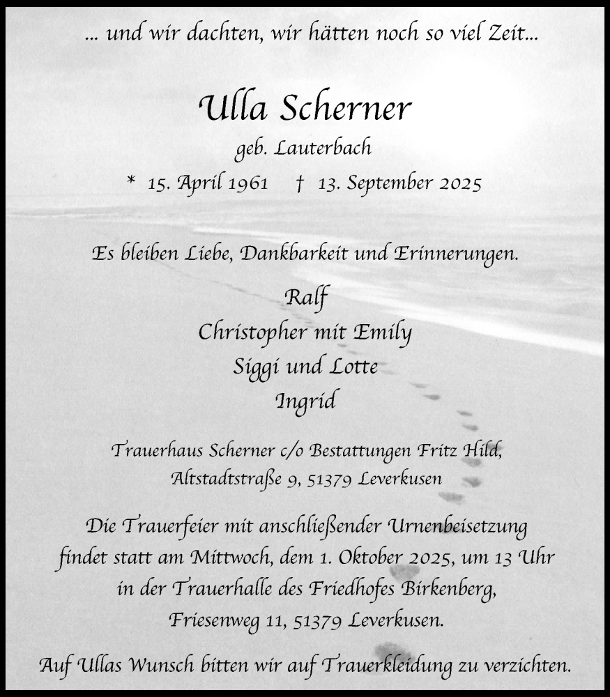  Traueranzeige für Ulla Scherner vom 27.09.2025 aus Kölner Stadt-Anzeiger / Kölnische Rundschau / Express