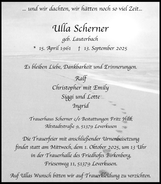 Anzeige von Ulla Scherner von Kölner Stadt-Anzeiger / Kölnische Rundschau / Express